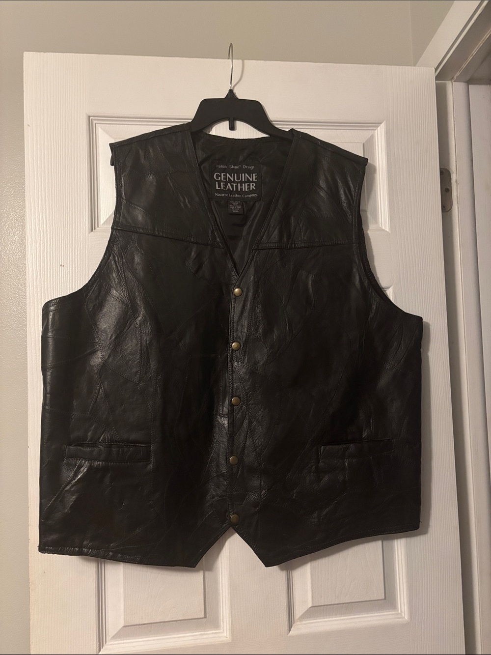 Genuine Leather Men's Black Vest with Snap Front